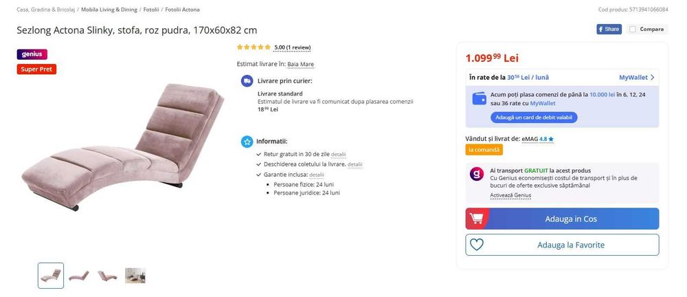 Fotoliu Actona Slinky, stofa, roz pudra, 170x60x82 cm