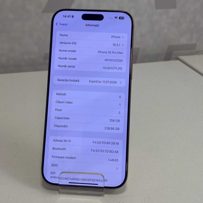 (AG13)Telefon Apple iPhone 16 Pro Max 100% baterie (b.48950) Garantie 2 ani!