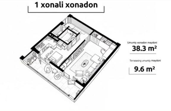 Продаётся квартира 1-ком Хонсарой ЖК Orzular 6-этаж