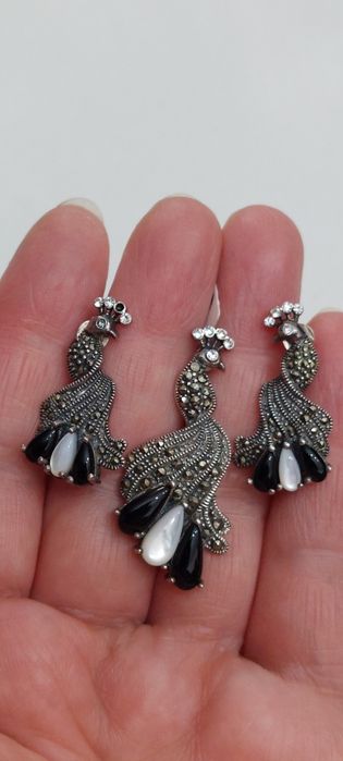 Set argint cu sidef,onix și marcasite model păun