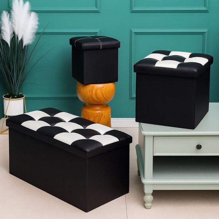 Складной пуфик-органайзер из экокожи (черно-белый дизайн)

• Мягкое си