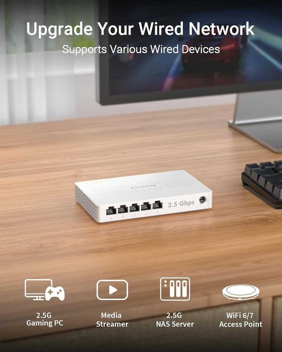 BrosTrend 5-портов 2.5GB комутатор, неуправляем Ethernet комутатор