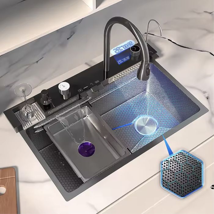 Chiuvetă piano black,5 butoane, 2 cascade