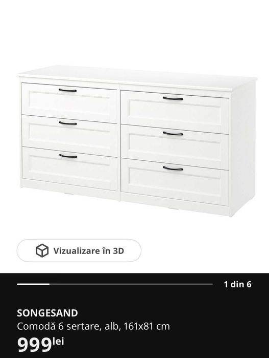 Set dormitor IKEA SONGESAND – comodă 6 sertare + 2 noptiere, alb