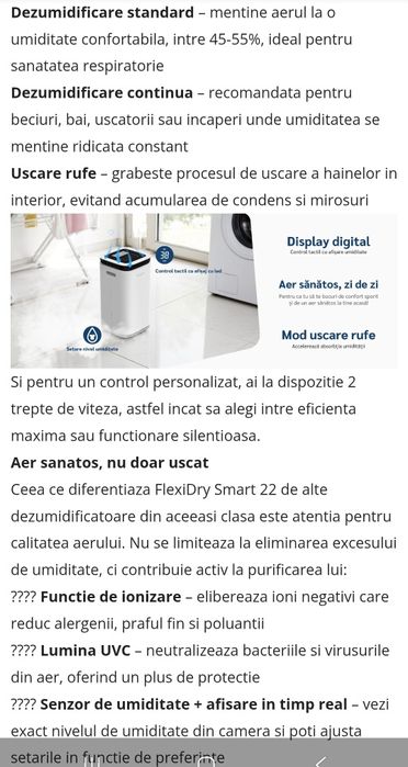 Dezumidificator Evoair FlexiDry Smart, ionizare, WiFi, ca NOU-garanție