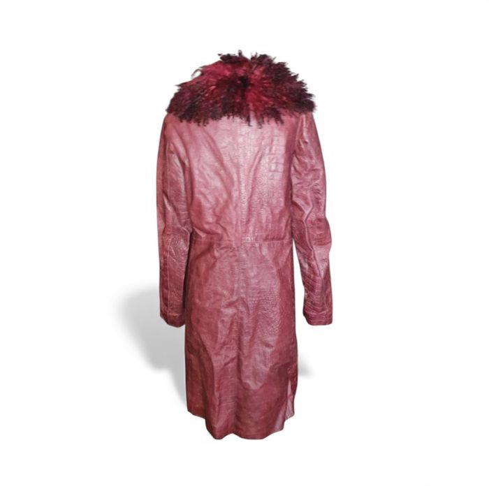 Palton burgundy de piele cu guler de blana naturala