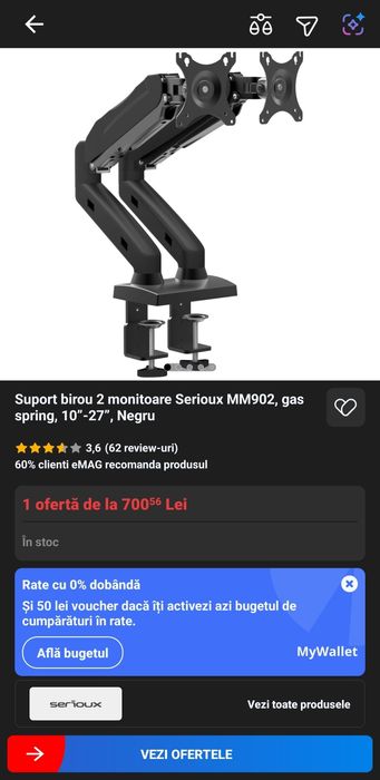 Suport birou 2 monitoare Serioux MM902 (Braț dublu, Gas Spring)