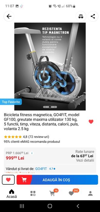 Bicicleta fitness magnetica, GO4FIT, model GF100, greutate maxima util