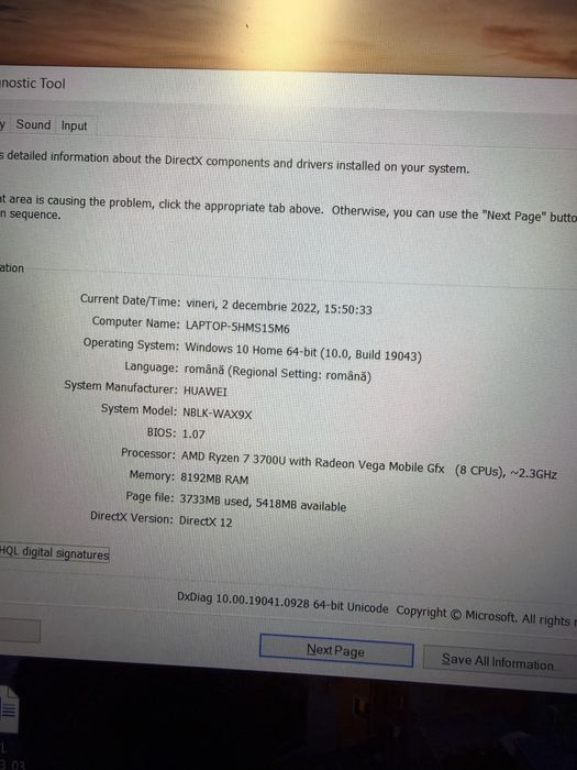Laptop Huawei MateBook D15 Ryzen 7 3700U 8GB 512GB SSD Baterie 98%