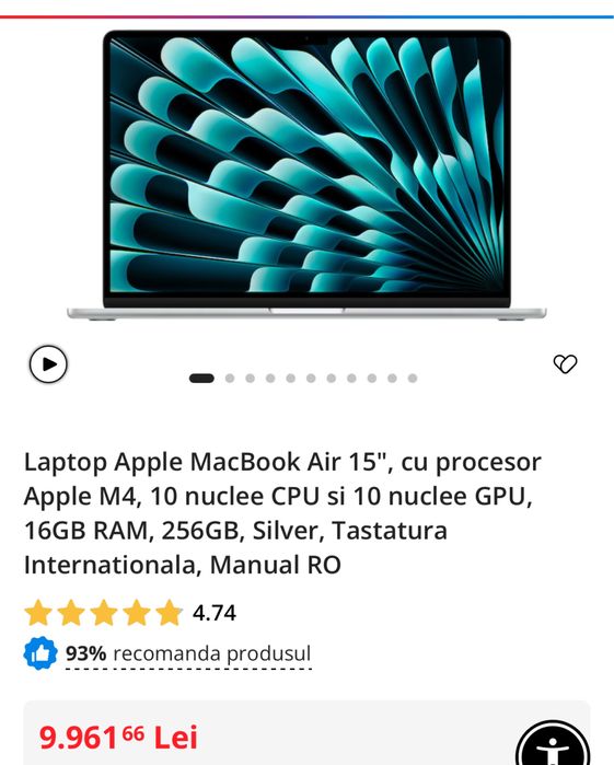 Macbook air 15 inch, M4, Silver, sigilat, garantie 12 luni Istyle