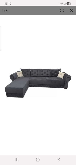Colțar extensibil gri cu spătar și brațe Chesterfield