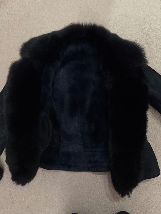 Зимно кожено яке с лисица чисто ново- мастилено син цвят S/XS