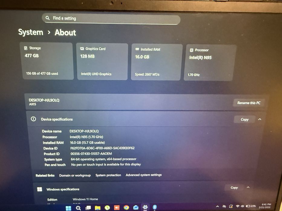 Laptop Intel N95, 16GB RAM, SSD 512GB, Windows 11