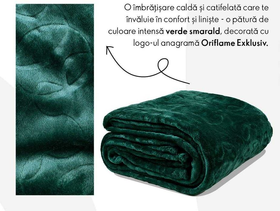 Patura catifelata verde smarald Royal Green, cu logo Oriflame