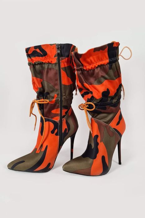 Botine satin sliletto Dama camuflaj toc cui varf ascutit