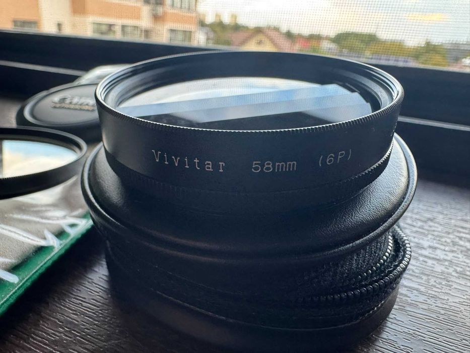 Set 4 filtre foto 58 mm Hoya, Vivitar — UV, polarizare, prismă 6P