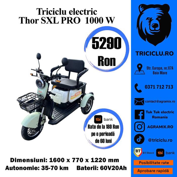 Triciclu electric tuk tuk Thor SXL PRO 1000W cu CIV  nou Agramix