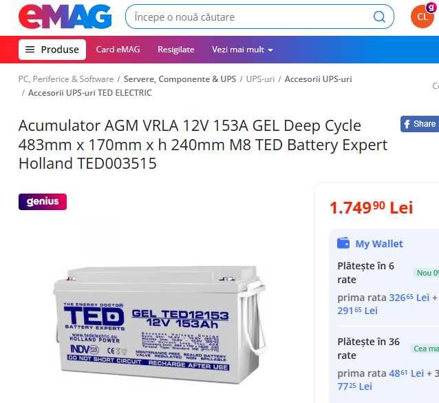 Acumulator Pb-GEL 5-260Ah pt UPS, alarme, camere, barci, fotovoltaice.