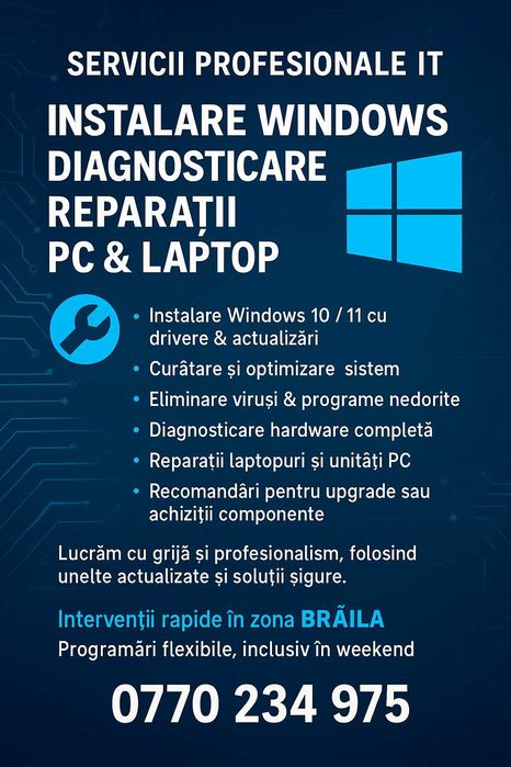 Instalare Windows. Diagnostic si reparare Unitati PC si Laptopuri.