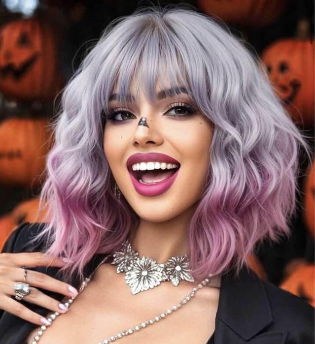 Peruca scurta    gri violet  , cosplay, fashion