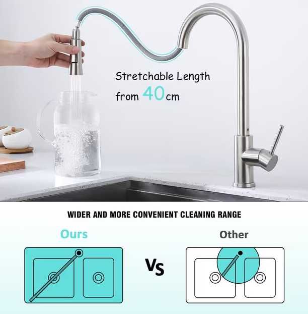 Baterie bucătărie 360° pivotantă cu pulverizator, Inox, Nou