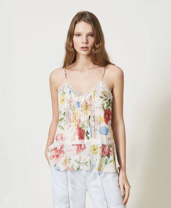 Топ/потник с флорални мотиви и дантела, Twinset,размер ,M,L,XL