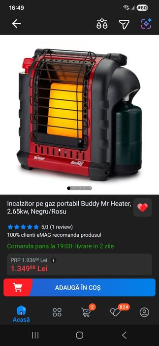 Incalzitor pe gaz portabil Buddy Mr Heater, 2.65kw, Negru/Rosu