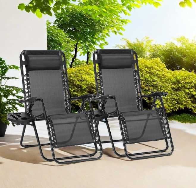2 броя сгъваем градински шезлонг с възглавничка с поставка за чаша и телефон