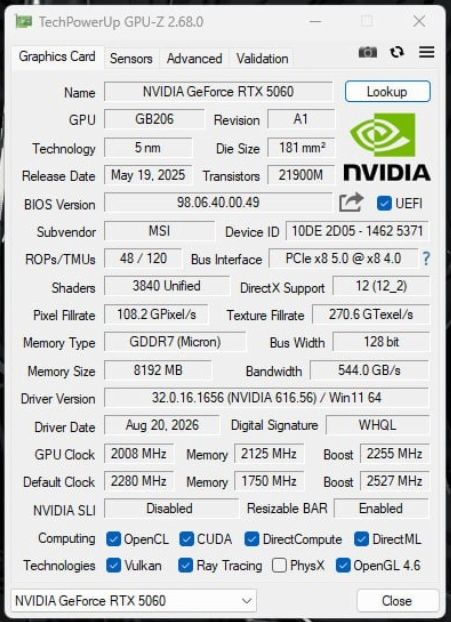 Видеокарта MSI RTX 5060 8 GB