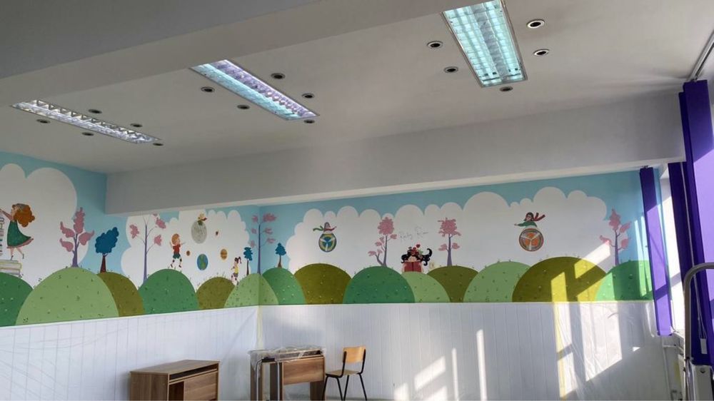 Sala de clasa/scoala pictata pentru copii, pictura educativa pe perete