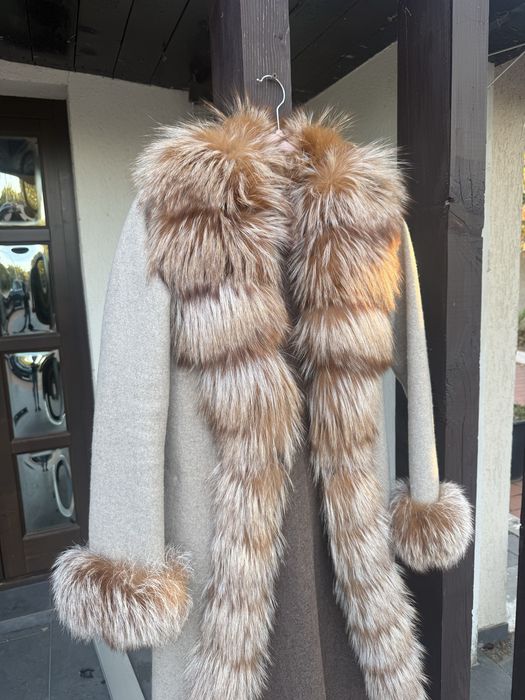 Palton alpaca cu guler blana de vulpe bej/maro marime S/M