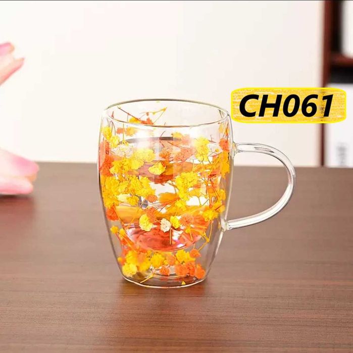 Чаша с двойно дъно 350 мл вградени цветя в жълто и оранжево двустенна