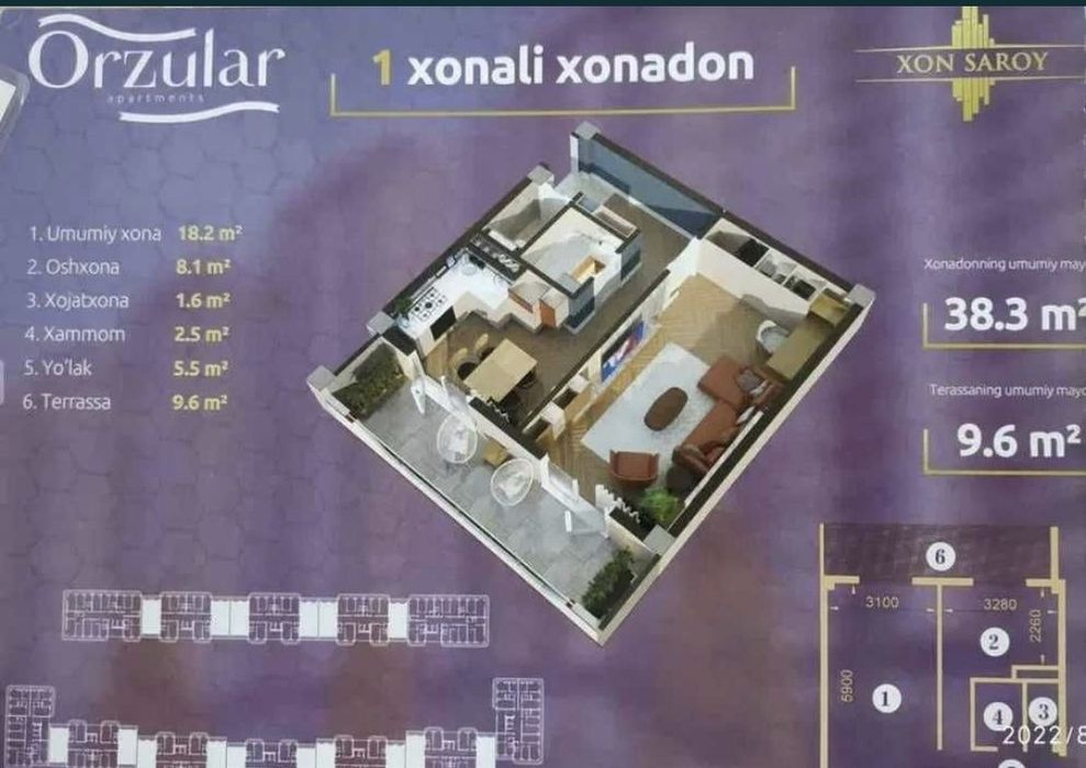 Xon Saroy Orzular 1 xona 47.9 kv m².
