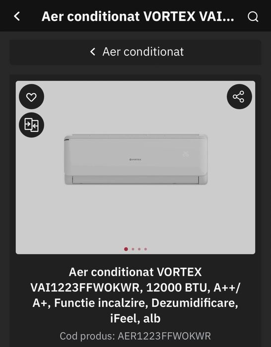 Aer conditionat VORTEX VAI1223FFWOKWR, 12000 BTU, A++/A+, Functie incalzire, Dezumidificare, iFeel, alb