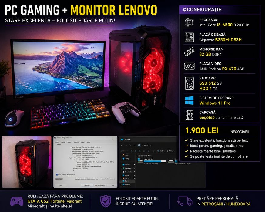 Vând PC Gaming +Monitor LENOVO