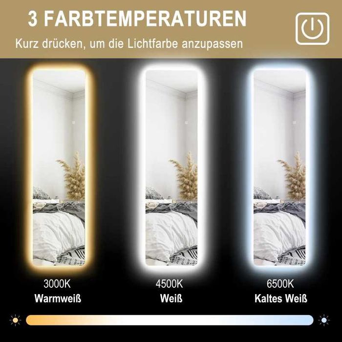 HOMCOM LED огледало в цял ръст, сензорно управление, димируемо