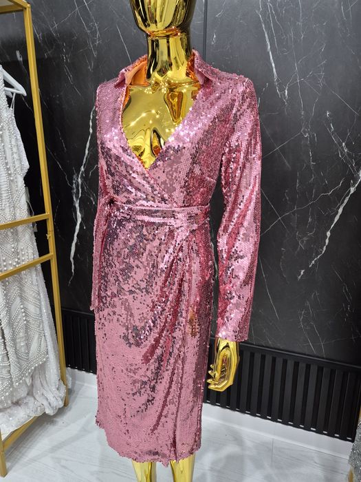 Rochie roz midi cu paiete Boohoo