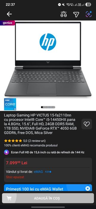 Laptop Gaming RTX 4050 Ca NOU Garanție eMag 24GB RAM DDR5 1TB SSD