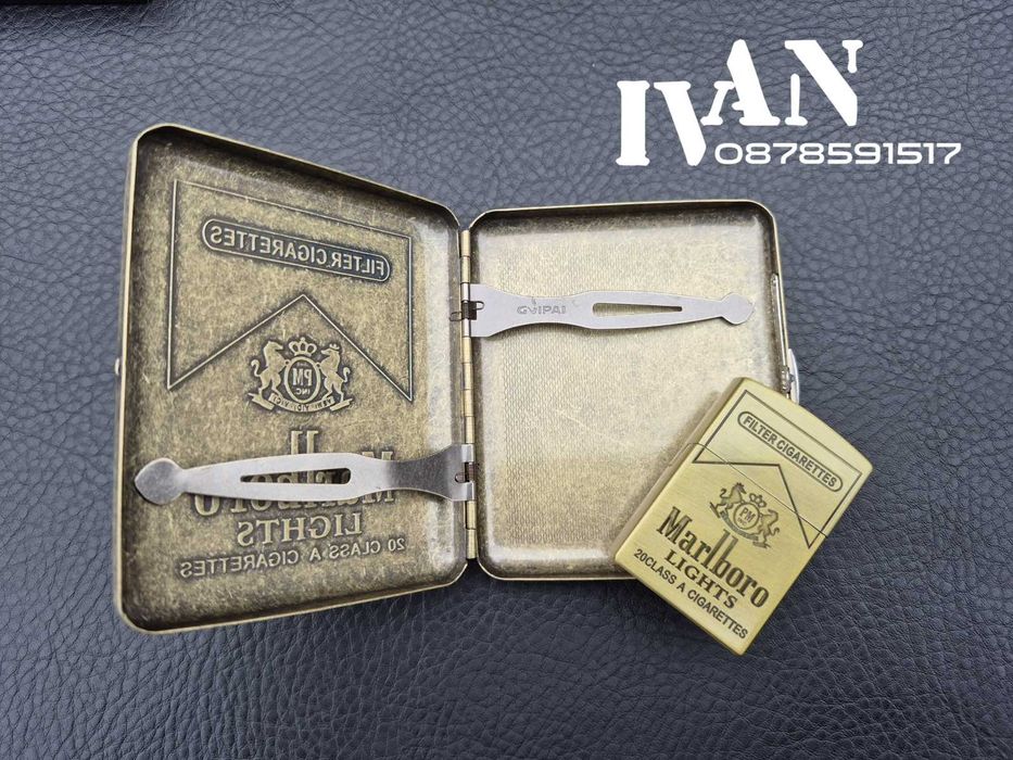 Табакера от месинг и газова запалка  комплект  Marlboro