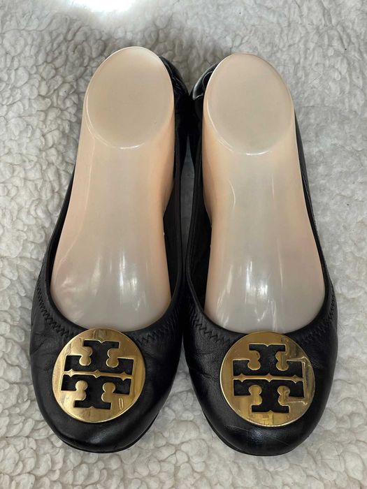 Balerini negri dama piele naturala Tory Burch logo auriu opinci fete