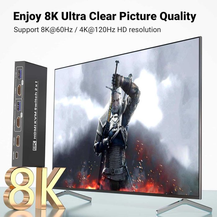 HDMI KVM превключвател 1 монитор 2 компютъра, 8K60Hz 4K120Hz USB 3.0