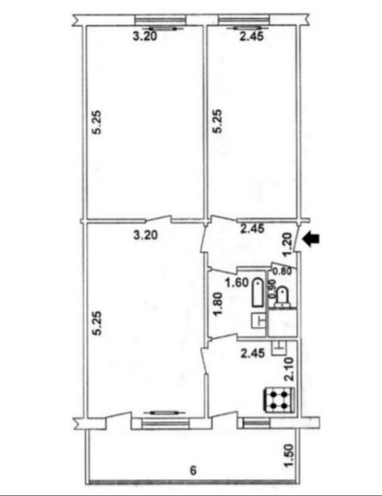 ТТЗ-1 Корзинка Диадорра 3-х комнатная. Балкон 1.5×6. Не торец. S=68м²