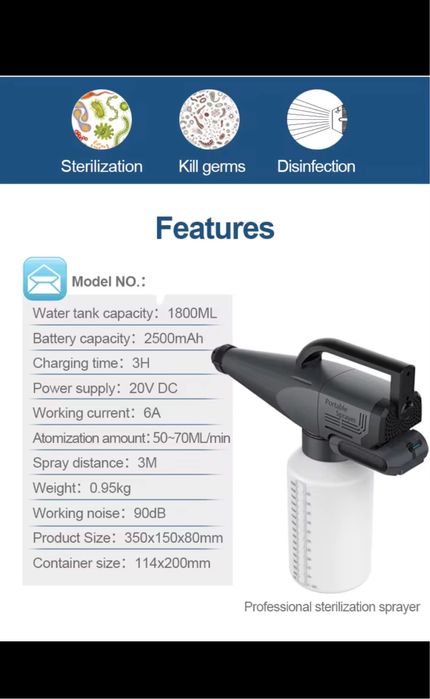 Nebulizator electristatic ULV Acumulator baterie dezinsectie DDD NOU