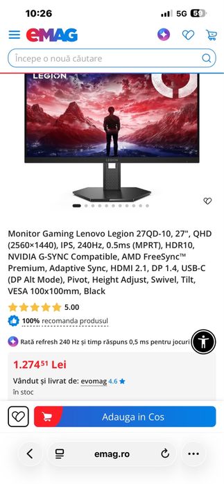 Monitor Legion 2k 240hz 0.5 response time
