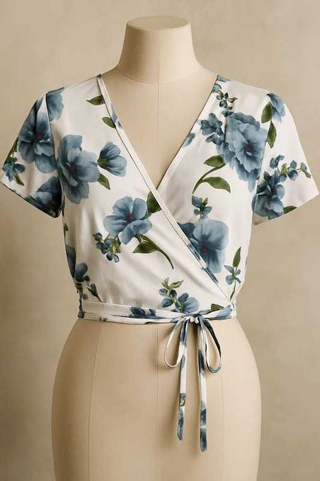 Bluză wrap albă cu imprimeu floral albastru, mărime M