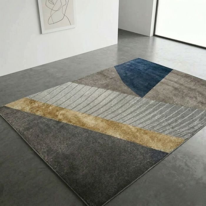 Модерен килим за хол 120х160см - Геометрично сиво със жълт квадрат и 3