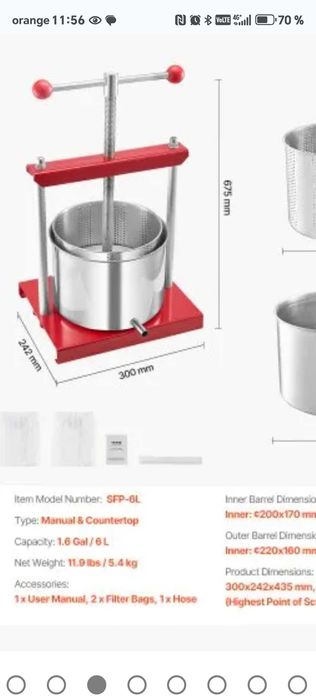Presa, teasc struguri, fructe din inox, 6 litri