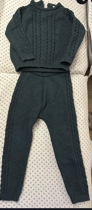 Детски плетени комплекти пуловер и панталон Н&М 98 см зелен и бежов