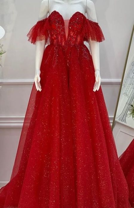 Червена бална дълга официална рокля