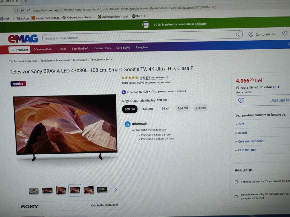 Televizor Sony BRAVIA LED 43X80L, 108 cm, Smart Google TV, 4K Ultra HD